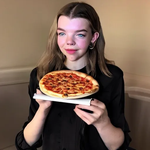 Prompt: photo of Anya Taylor-Joy eating a pizza, highly detailed face