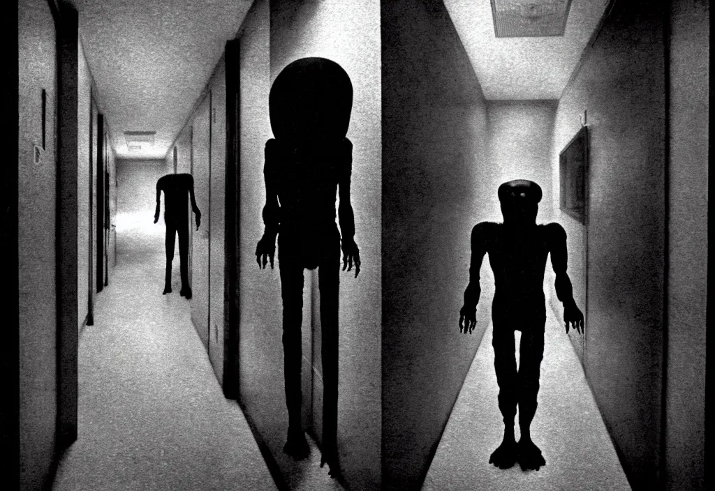 Prompt: hyperrealistic documentary footage of creepy monster entity creature designed by guillermo del toro, michael hutter, kentaro miura, junji ito, gantz, hideo kojima, standing at end of long toronto apartment hallway. colorized. scp historical archives. david lynchian atmosphere. deep aesthetics of weirdcore