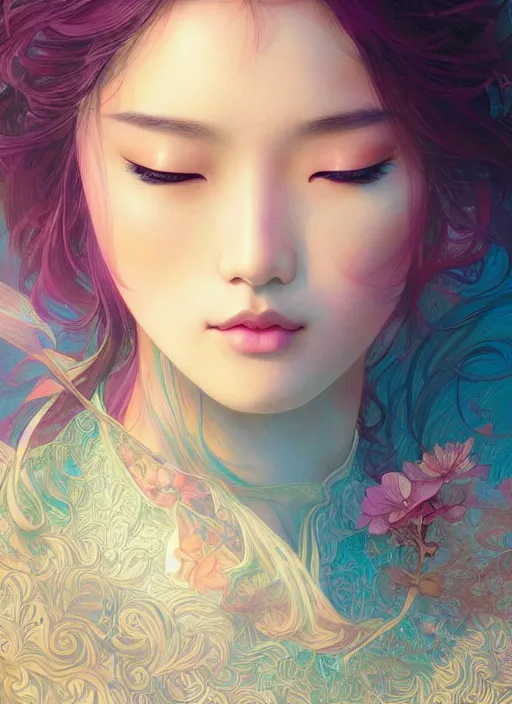 Prompt: beautiful young Asian woman, gorgeous face, sad eyes, tears, vaporwave aesthetic, synthwave, , colorful, intricate, elegant, highly detailed, digital painting, artstation, concept art, smooth, sharp focus, illustration, art by artgerm and greg rutkowski and alphonse mucha