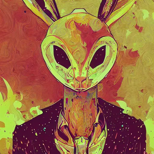 Prompt: portrait of a anthropomorphic bunny robot with human characteristics, digital art, epic composition, fantasy, explosion of color, highly detailed, in the style of jake parker, in the style of conrad roset, swirly vibrant colors, sharp focus