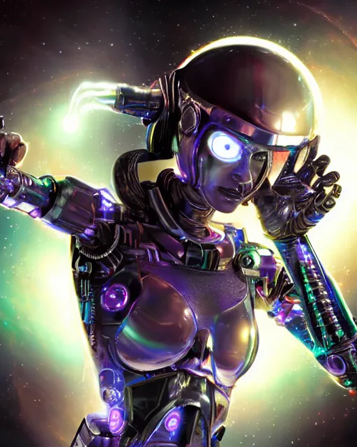 Image similar to A female cyborg extraterrestrial warrior with beaming nebulous eyes writing on a three-dimensional computer hologram, inside her spacecrft as backdrop, insanely detailed, digital art