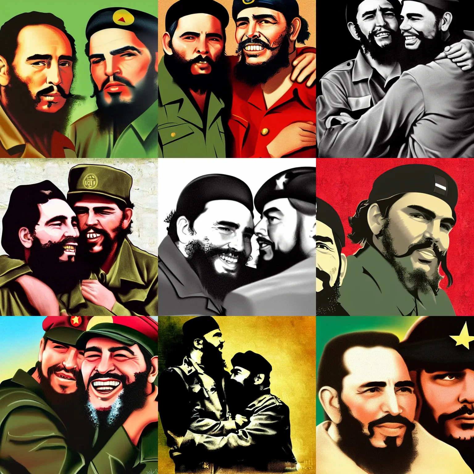 Prompt: fidel castro and che Guevara hugging in heaven, digital art