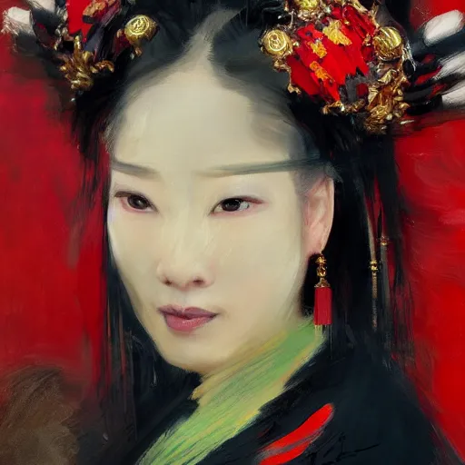 Prompt: spontaneous portrait under painting of a lady in chinese opera headdress, beautiful juicy brush strokes, by richard schmid and sargent, dark, black and red, trending on cgsociety, expressionism