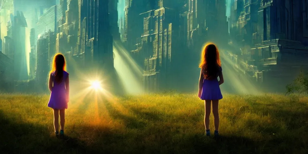 Prompt: sci - fi scene future new york cityscape, little girl in manhattan holding hand of giant robot, lonely girl, forest punk, crepuscular rays, epic scene, hyper realistic, photo realistic, overgrowth, cinematic atmosphere, ethereal lighting,