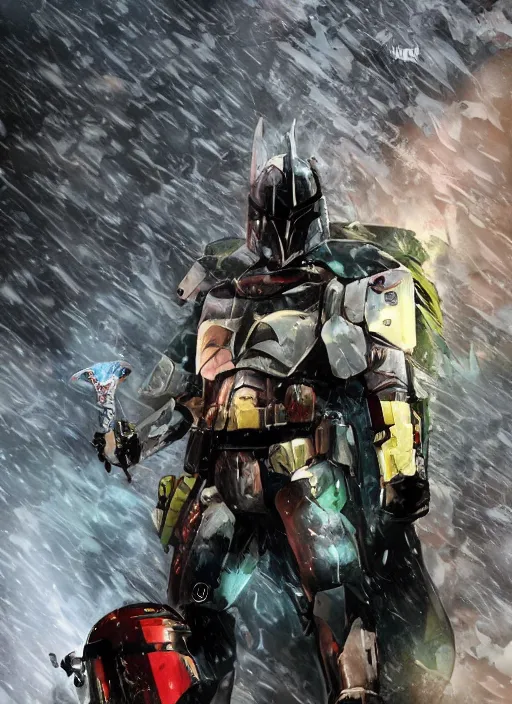 Image similar to batman x boba fett, digital art, character mashup, epic lighting, combination art