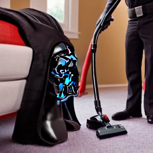 Image similar to a photo of darth vader vacuuming the carpet