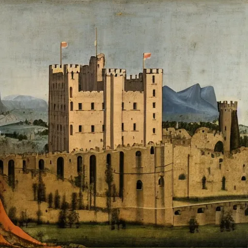 Prompt: a castle with many storey and towers in a serene landscape, by giotto