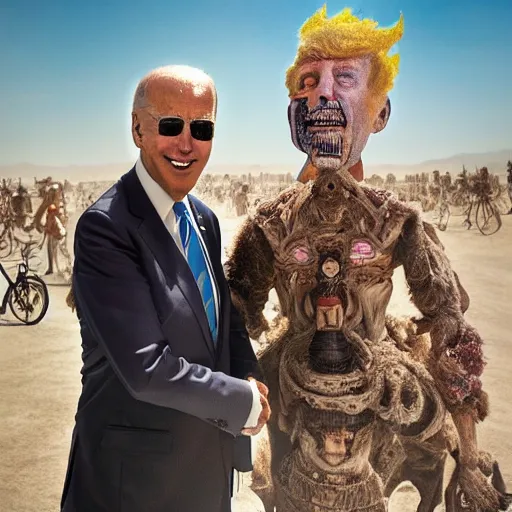 Prompt: photo of evil Joe Biden attending burning man with ecofeminist Donald Trump, photorealism, extremely detailed, soft lightning, playa, HD