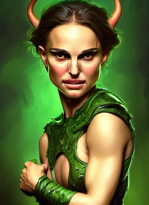 Image similar to portrait of natalie portman as a goblin, d & d, muscular! green, fantasy, intricate, elegant, highly detailed, digital painting, artstation, concept art, smooth, sharp focus, illustration, art by artgerm and greg rutkowski and alphonse mucha