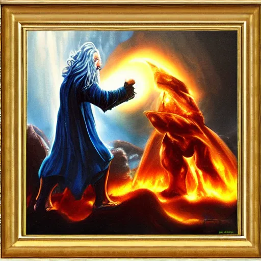 Prompt: gandalf fighting a balrog, dark atmosphere, dark cave lighting, fantasy generation, oil painting framed