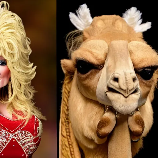 Prompt: Dolly Parton riding a camel in Slough. camel wearing a wig. camel wearing shoes. highly detailed. photorealistic. detailed faces.