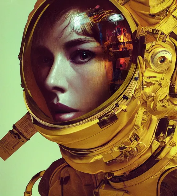 Image similar to hyperrealistic portrait of a woman monster astronaut, sofia coppola, cyberpunk, well lit, intricate abstract. gucci style, intricate artwork, high detail, figurative art, multiple exposure, poster art, 3 d, by stanley kubrick and tooth wu and wlop and beeple, realistic, hyperdetailed, 8 k resolution.