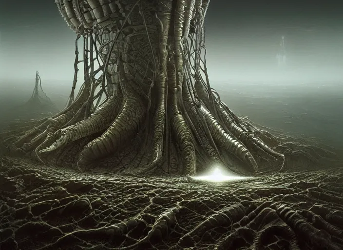 Image similar to end of the world by giger and vladimir kush, au naturel, hyper detailed, digital art, trending in artstation, cinematic lighting, studio quality, smooth render, octane rendered...