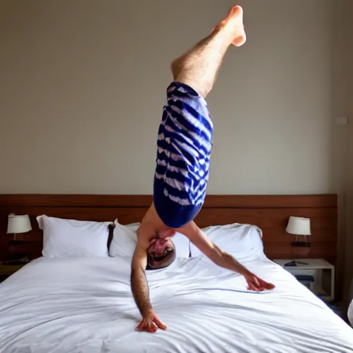 Image similar to a man in pijama doing a belly flop on a bed