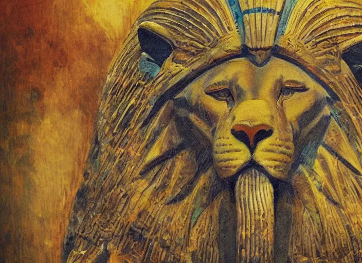 Prompt: an impressionist painting of Egyptian god Aker, underworld, lion, past and future, east and west, 3d, realistic shading, complimentary colors, earth tone colors, aesthetically pleasing composition, masterpiece, 4k, 8k, ultra realistic, super realistic