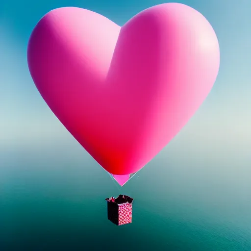 Image similar to a 5 0 mm lens photograph of a cute pink floating modern house, floating in the air between clouds, inspired by the movie up, held up from above by a heart - shaped ballon. mist, playful composition canon, nikon, award winning, photo of the year