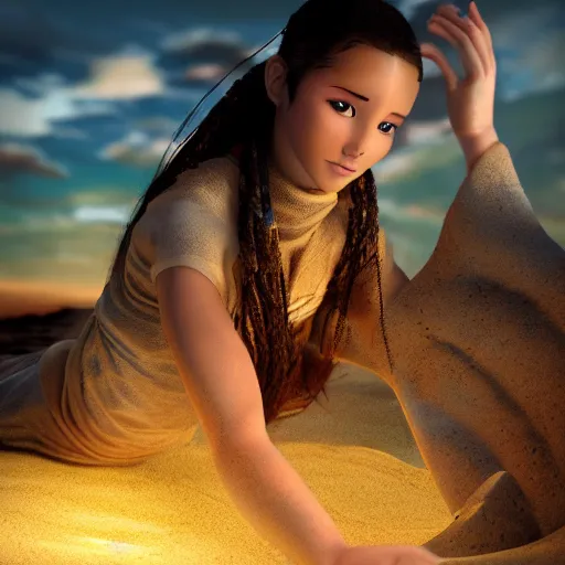 Prompt: photo, katara from avatar, 2 cj 4, beach, sand, intristic details, highly artistic, volumetric lighting