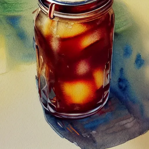 Prompt: Ice Tea in a mason jar, Watercolor, photorealistic, high resolution, award winning, trending on artstation, art by artgerm, best selling on redbubble