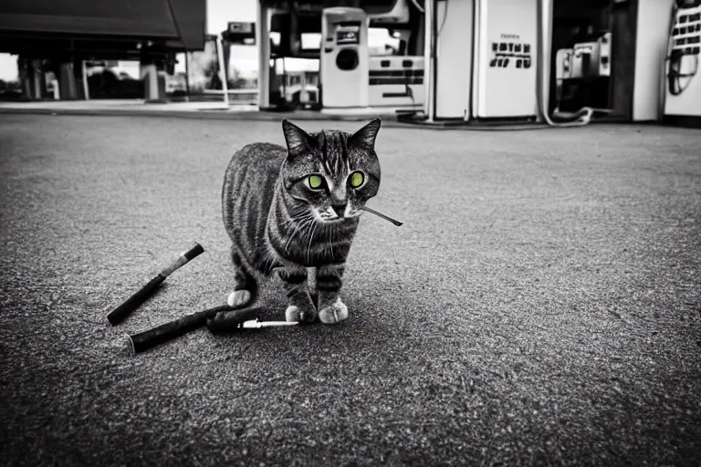 Image similar to cat smoking a cigarette in the gas station wide angle lens