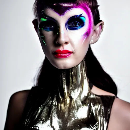 Image similar to alien fashion model close up looking into lens heavy bokeh studio lighting