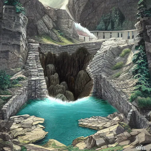 Prompt: A broken lake dam high in the mountains made from stone. The dam is broken in the middle causing the river below to overflow.Fantasy, concept art, sharp focus, artstation