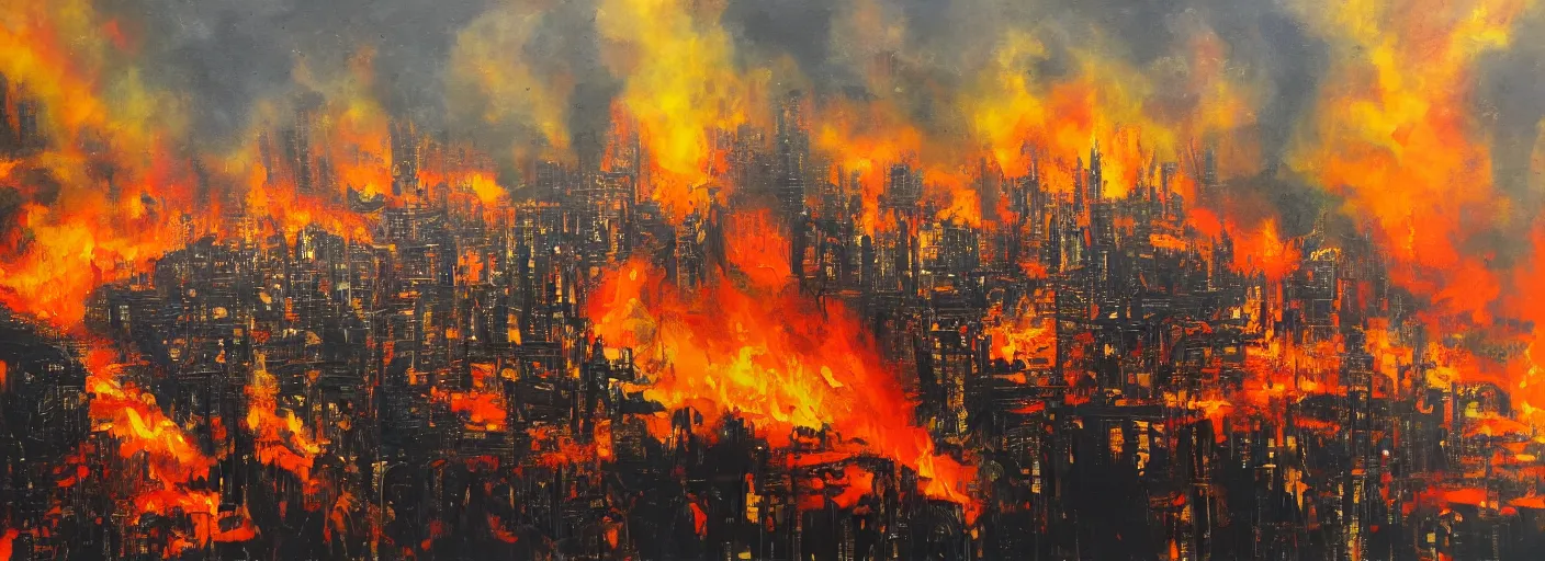 Image similar to a city on fire, oil on canvas