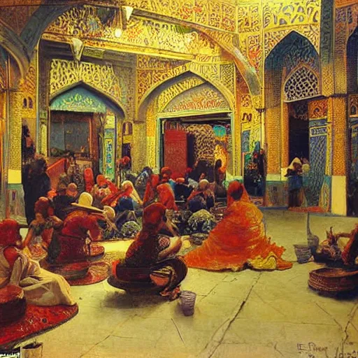 Image similar to an oil painting in the style of orientalism of dragons on display in a dragon auction in the grand bazaar of isfahan by edwin lord weeks