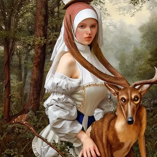 Image similar to A masterpiece ultrarealistic ultradetailed portrait of a Incredibly beautiful maid baroque renaissance swamp nun girl hunting on deer with russian greyhound medium shot, intricate, elegant, highly detailed. trending on artstation, digital art, by Stanley Artgerm Lau, WLOP, Rossdraws, James Jean, Andrei Riabovitchev, Marc Simonetti, Yoshitaka Amano. background by James Jean and Gustav Klimt, light by Julie Bell, 4k, porcelain skin.