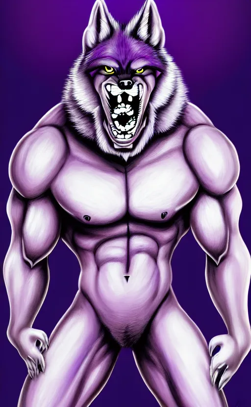 Image similar to painting of an anthropomorphic bulky muscular purple wolf, furry style, wearing jeans, deviant art, fursona, professional furry drawing, insanely detailed, bulky wolf - like face with dragon features, doing a pose from jojo's bizarre adventure, detailed veiny muscles, exaggerated features, beautiful shading, huge teeth, grinning, colorful background