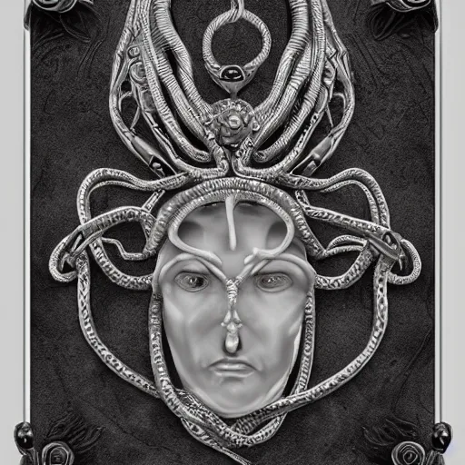 Image similar to Medusa amulet, detailed intricate silverwork on a dark oak background, 8k digital render