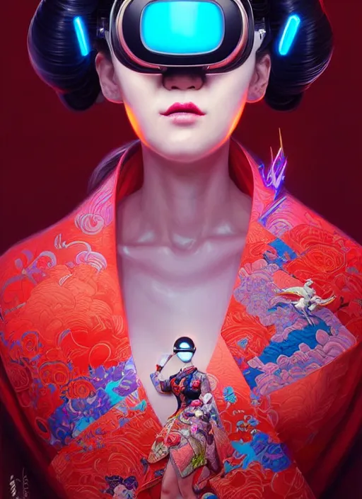 Image similar to wide angle portrait shot of female japanese android wearing a vr eyewear and a very detailed and intricate geisha kimono dress, intricate detail, cyber neon lighting, highly detailed, artstation, glamor pose, concept art, art by peter mohrbacher and boris vallejo and liam wong, pinterest, artstation, digital painting,