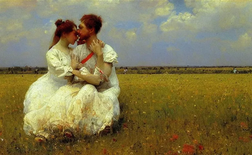 Image similar to high quality high detail painting by ilya repin, a couple in the field, hd