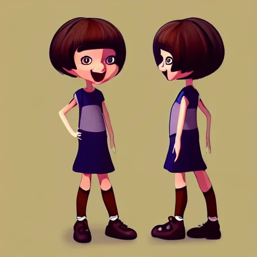 Image similar to 2 d flat animation character design girl kid, handrawn dynamic pose, french bob hair, short hair, brown eyes, realistic, 4 k!!!, art station