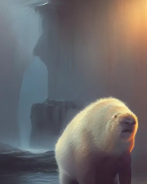 Prompt: white capybara petted by dark vader, surreal photography, volumetric light, impressionist painting, digital painting, artstation, kilian eng, john harris, bastien lecouffe - deharme, simon stalenhag