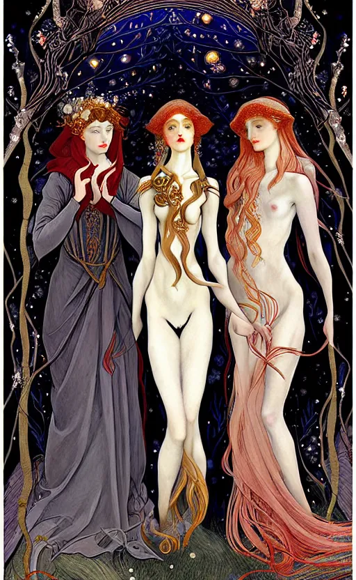 Image similar to 3 Figures as Winter Spirits, style is a blend of Ivan Bilibin, Botticelli, and John Singer Sargent, inspired by pre-raphaelite paintings, shoujo manga, and Slavic folk fairytale aesthetic, dark and moody colors, hyper detailed, super fine inking lines, 4K extremely photorealistic digital art