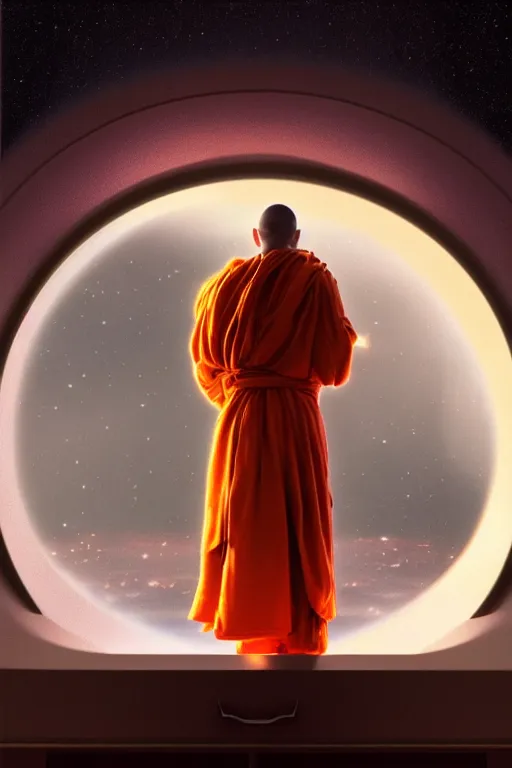 Image similar to portrait of a monk in a spaceship, looking out of a round window at nebula, orange robe, dramatic lighting, artstation, matte painting, ralph mcquarrie