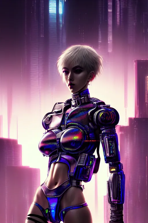 Image similar to hyperdetailed portrait of one stunningly beautiful caucasian cyberpunk girl with very short hair androgynous guard made of iridescent metals, in the cybercity inspired by ross tran and wlop and masamune shirow and kuvshinov, concept art, intricate, photorealistic, octane render, rtx, hdr, unreal engine, dnd digital art by artgerm