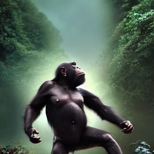 Image similar to Angry Chimpanzee Jumping, Epic Jump, Cinematic Photo, Cinematic Shot, Jungle, Foliage Boris Vallejo, Epic, 8k resolution, ArtStation, Hyperrealistic