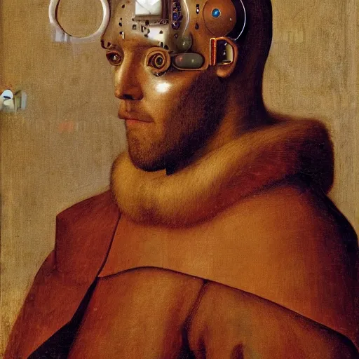 Image similar to a portrait of cyborg king connected to a man-machine interface by Jan van Eyck, renaissance style