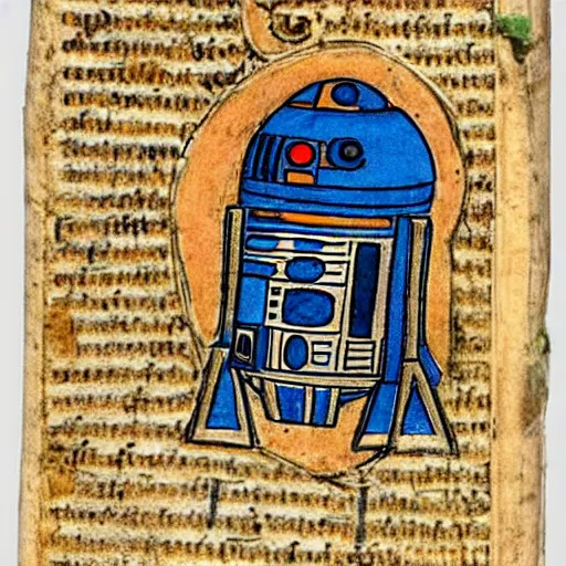 Image similar to a r 2 d 2 in a medieval manuscript, medieval manuscript, golden miniatures