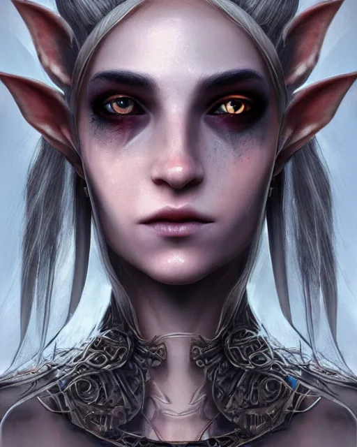 Image similar to portrait of a beautiful female elf with shimmering hair, symmetrical face and eyes, cgsociety, Elden Ring, Dark Souls, Bloodborne