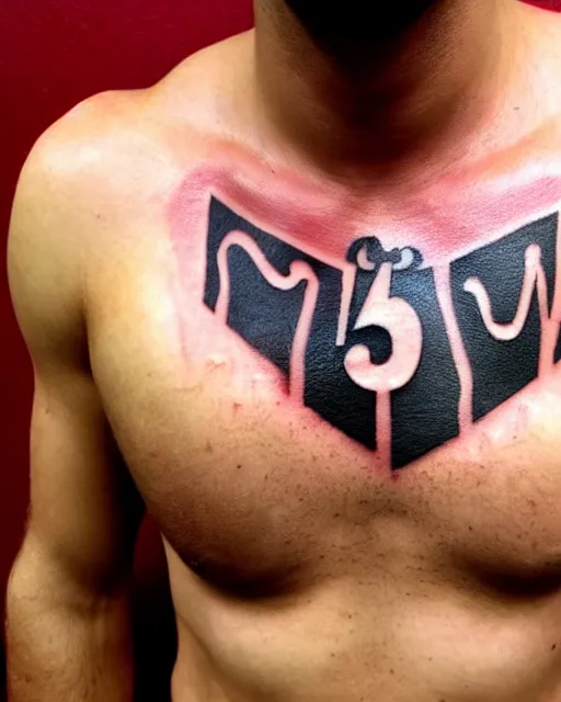 Prompt: anonymous chest tattoo of the number five, anonymous muscular male, award - winning profile photography