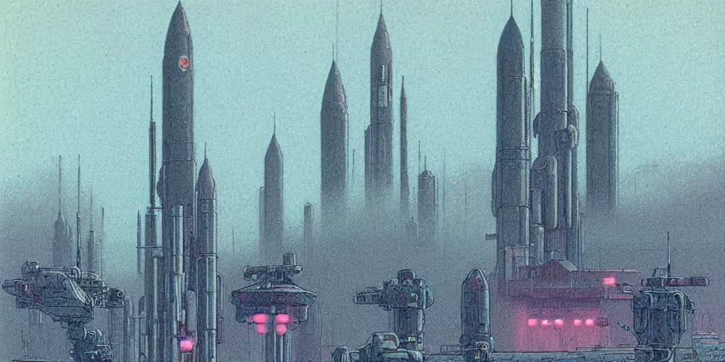 Prompt: grainy risograph matte painting of gigantic huge mech covered with rocket launchers, gattaca, pastel matte colors, staying in the foggy huge parking station, by moebius, hyperrealism, intricate detailed