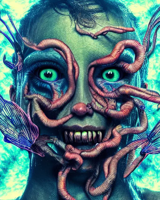 Image similar to realistic portrait of a creature experiment gone wrong, psychedelic, dark art, facing camera, photo realistic, detailed, 1 4 5 0, delicate, hyper realism, ultra realistic, 8 k