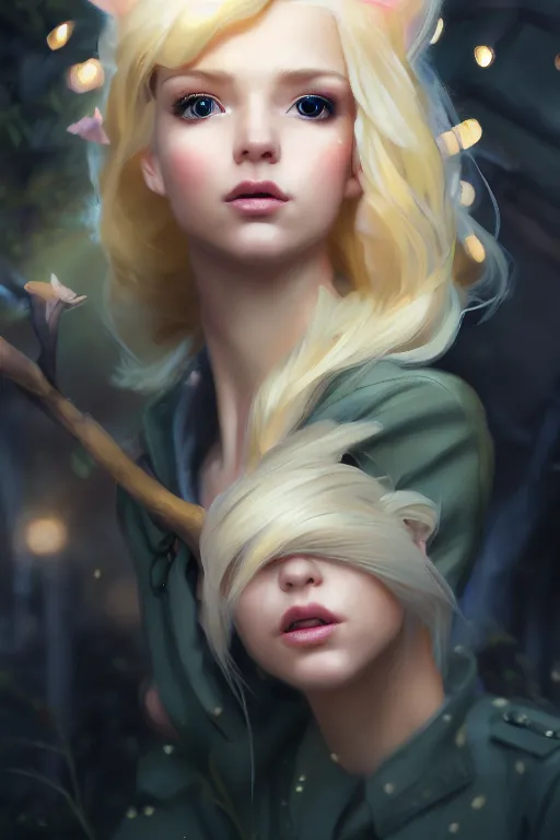 Image similar to cinematic shot of an epic portrait of a cute blonde fairy dressed in military clothes, stylised military clothes, shiny skin, beautiful eyes, beautiful, small details, night setting, realistic poster with volumetric light from craig mallism, artgerm, jeremy lipkin and michael garmash, unreal engine, radiant light, digital art, trends at art station, a masterpiece