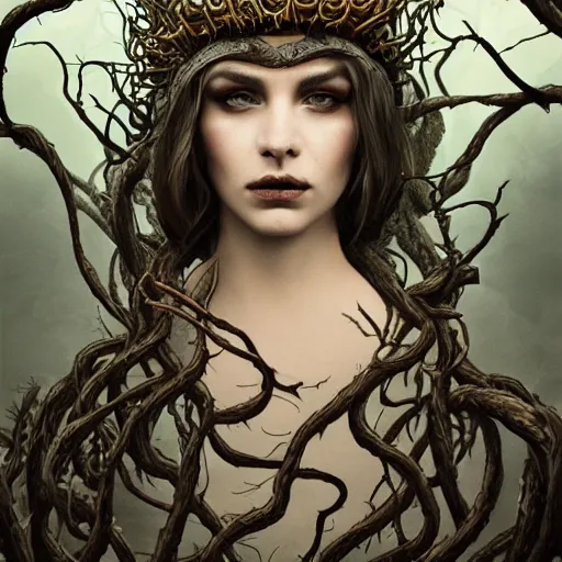 Image similar to dramatic portrait of the dark queen of snakes, wearing a crown of thorned vines, blue skin, realism, dark fantasy illustration, surrounded by dead forest, dynamic lighting, detailed textures, octane render, artstation