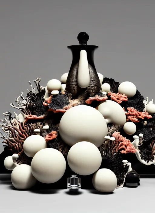 Image similar to perfume bottle surrounded sitting on a biomechanical black corals table made of corals, mushrooms, puffballs, rhizomorphs in an ivory room well contoured smooth fair walls, up close shot, sharp focus, global illumination, radiant light, alexandre ferra white mecha, irakli nadar, octane highly render, 4 k, ultra hd,