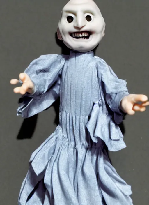 Image similar to Voldemort in a frilly dress rather happy with himself