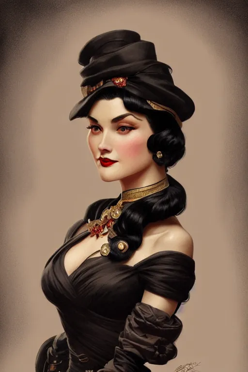 Image similar to a woman with black hair, dressed in 1940's fashion, D&D, fantasy, intricate, elegant, highly detailed, digital painting, artstation, concept art, matte, sharp focus, illustration, art by Artgerm and Greg Rutkowski and Alphonse Mucha