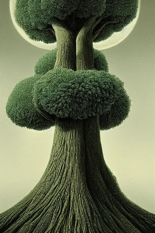 Prompt: an impossibly tall pompom tree with an extremely long trunk and long branches looming miles above the viewer, viewed from below, digital illustration by chris van allsburg and artgerm, surreal, photorealistic